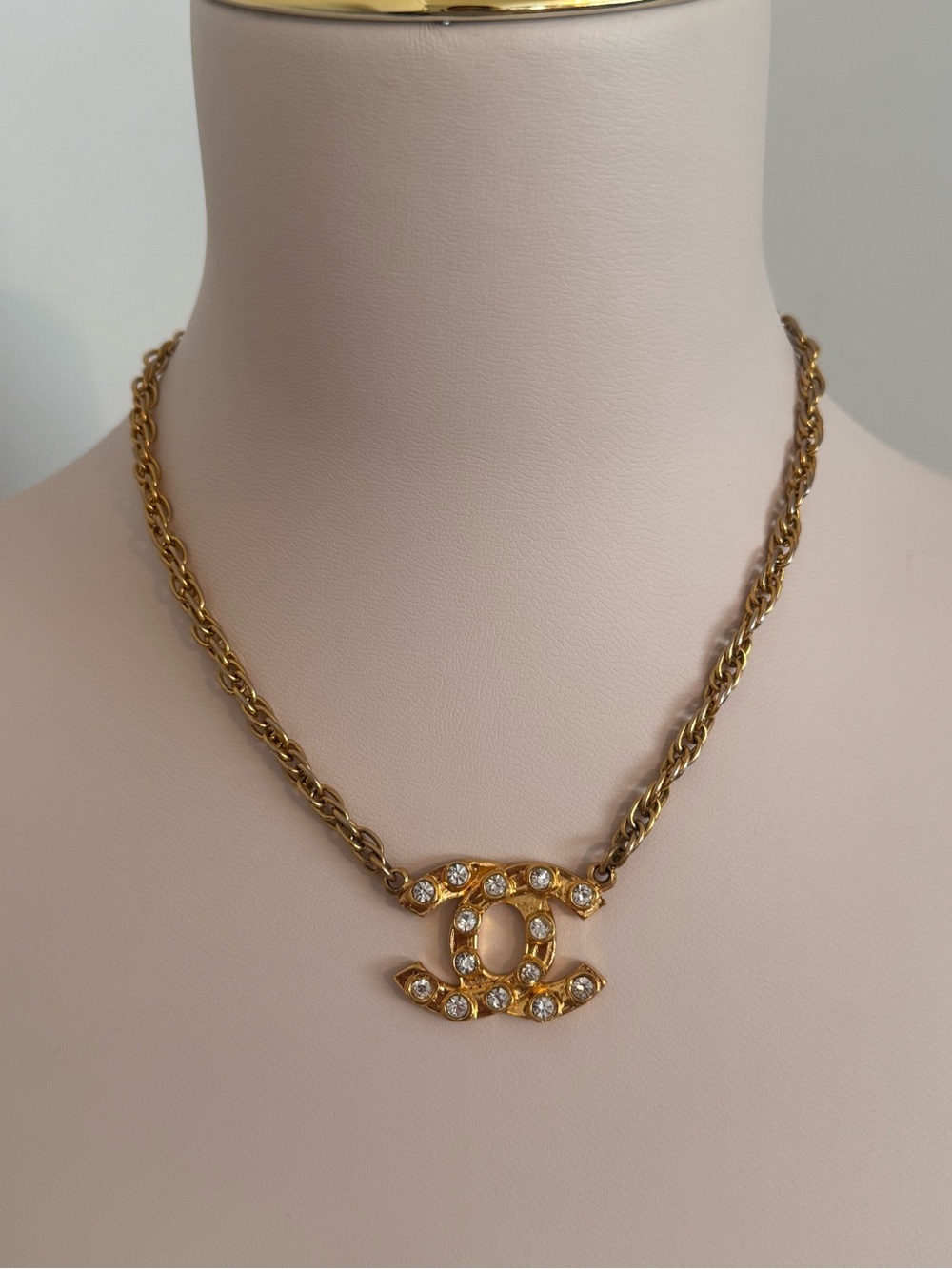 CHANEL Gold-Tone CC Logo Necklace with Clear Crystals